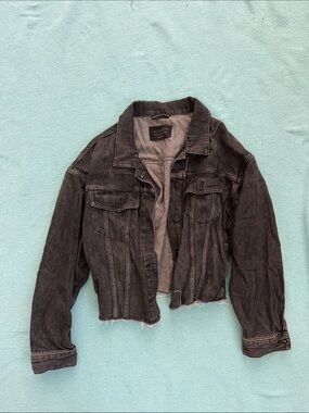 All Saints Washed Black Cropped Denim Jacket with Raw Hem